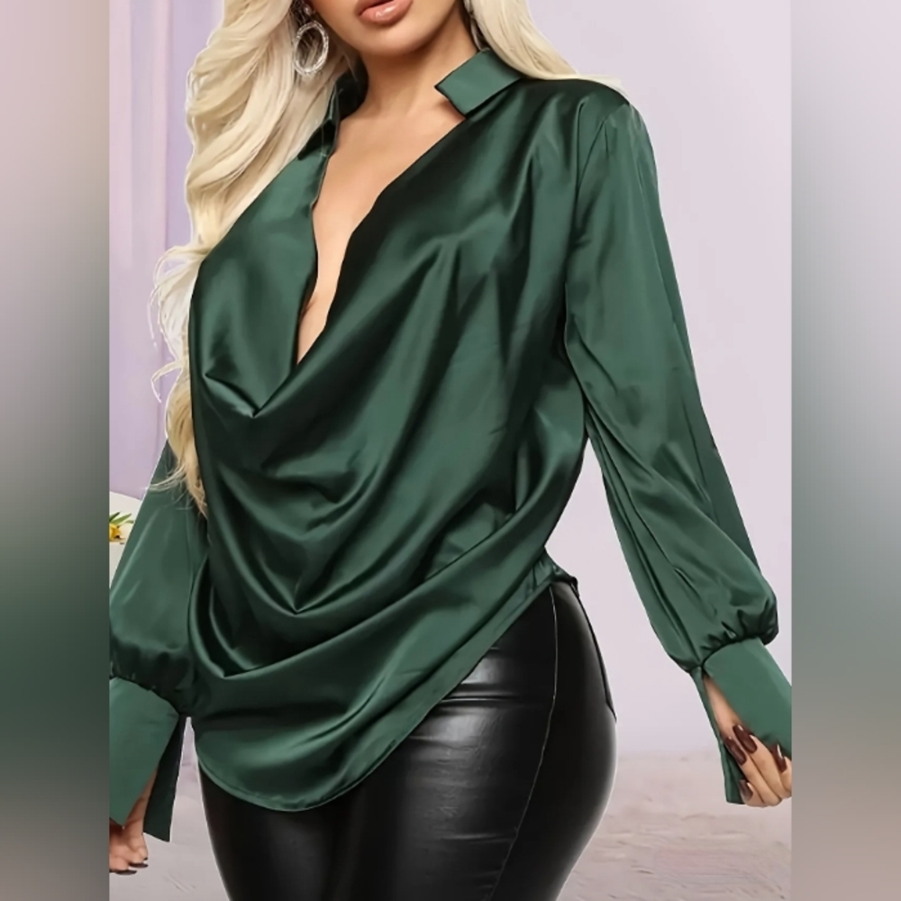 New🌸 | Elegant Draped Neckline Blouse, Loose Design and Long Sleeves